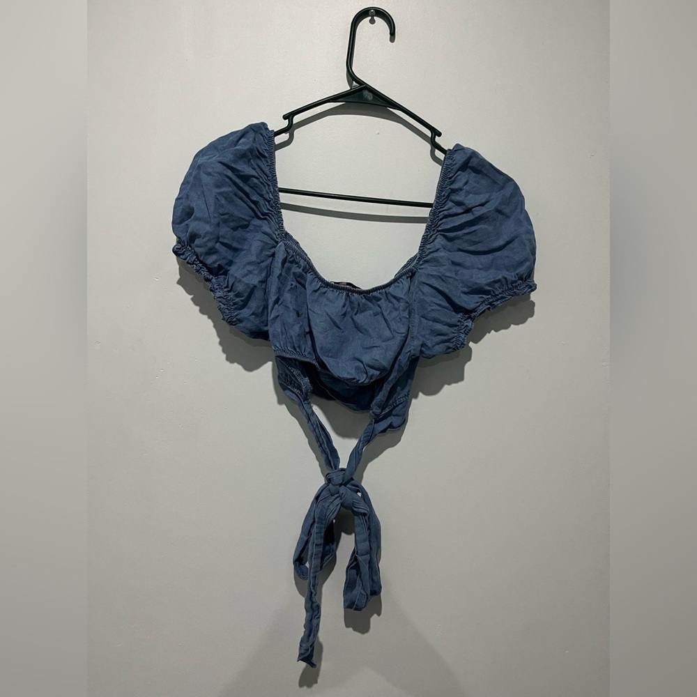 Blue Puff Sleeve Crop Top